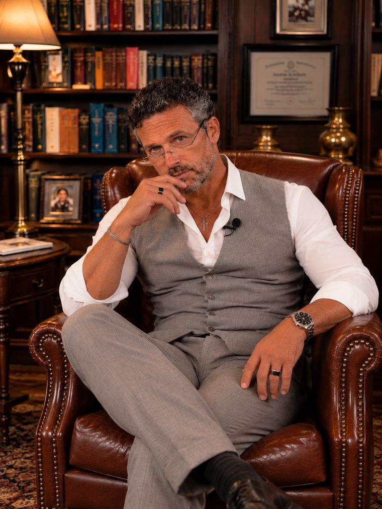 Lorenzo Bellini in a grey waistcoat, seated in a leather wingback chair in his library, hand resting at his chin